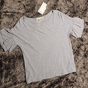 Emi & Joe gray soft flutter sleeve with pearls top